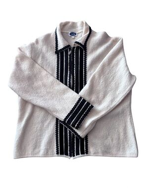 Tabi 100% Wool Cream Black Trim Zip Front Cardigan Size Large